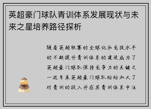 英超豪门球队青训体系发展现状与未来之星培养路径探析