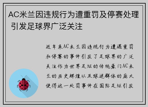 AC米兰因违规行为遭重罚及停赛处理 引发足球界广泛关注