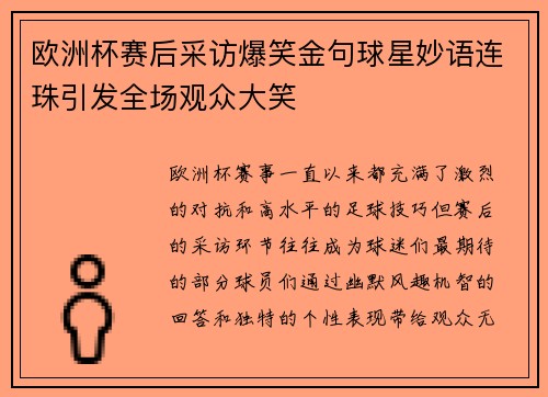 欧洲杯赛后采访爆笑金句球星妙语连珠引发全场观众大笑