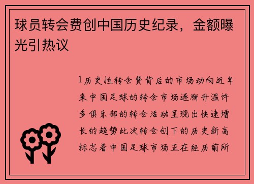 球员转会费创中国历史纪录，金额曝光引热议