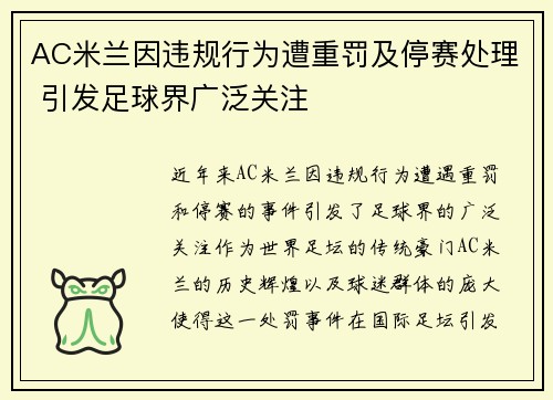 AC米兰因违规行为遭重罚及停赛处理 引发足球界广泛关注 AC米兰因违规行为遭重罚及停赛处理 引发足球界广泛关注